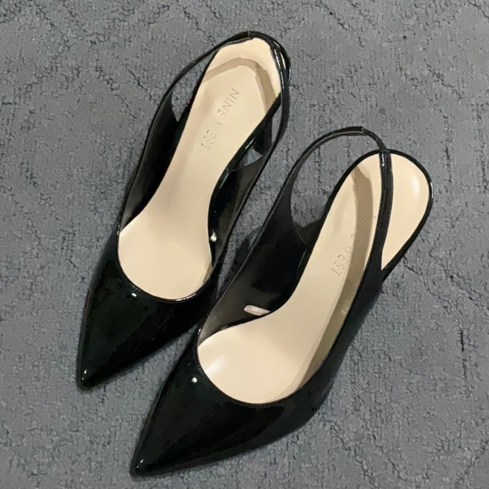 Black Slingback Heels, Pointy toe, Patent Faux Leather, Nine West